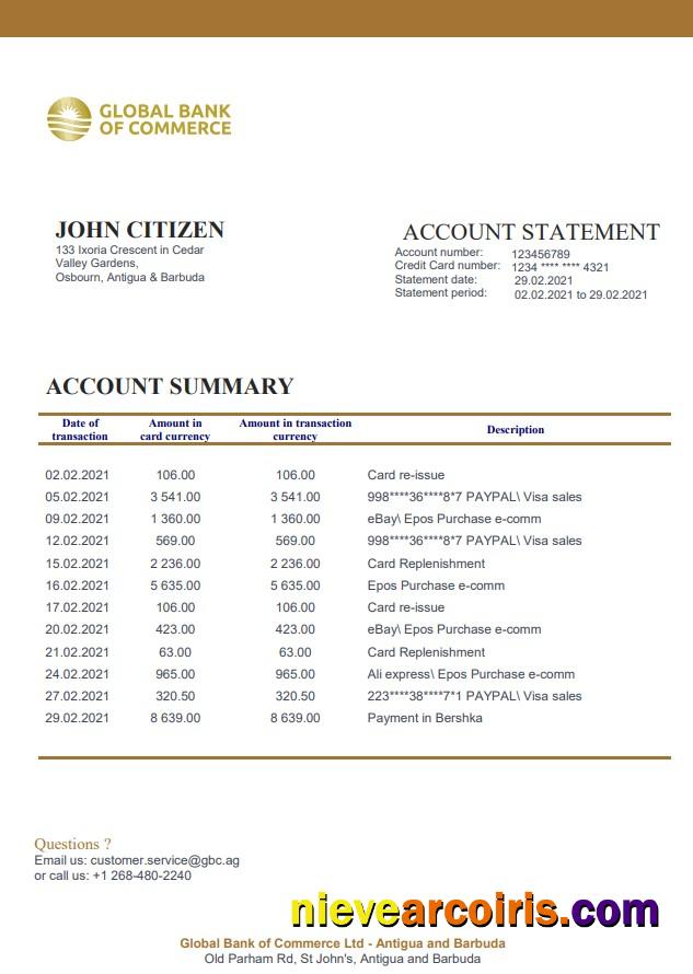 Antigua and Barbuda Global Bank of Commerce bank statement